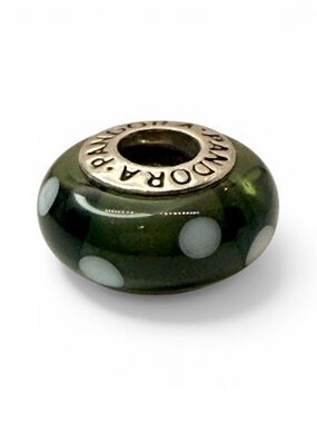 Retired Pandora Green Polka Dot Murano Glass Charm 790603